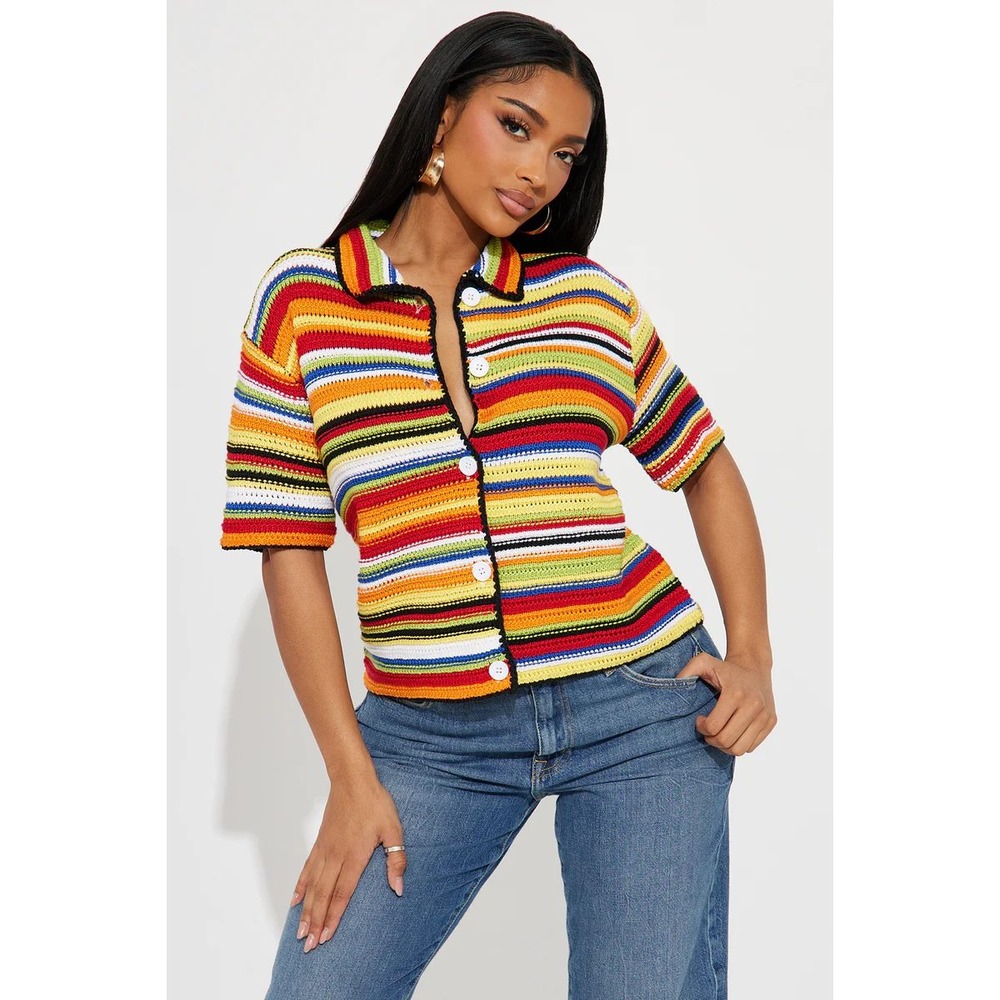 Fashion Nova Crochet Cardigan Women XL Multicolor Dreams Short Sleeve Stripe - Picture 2 of 9